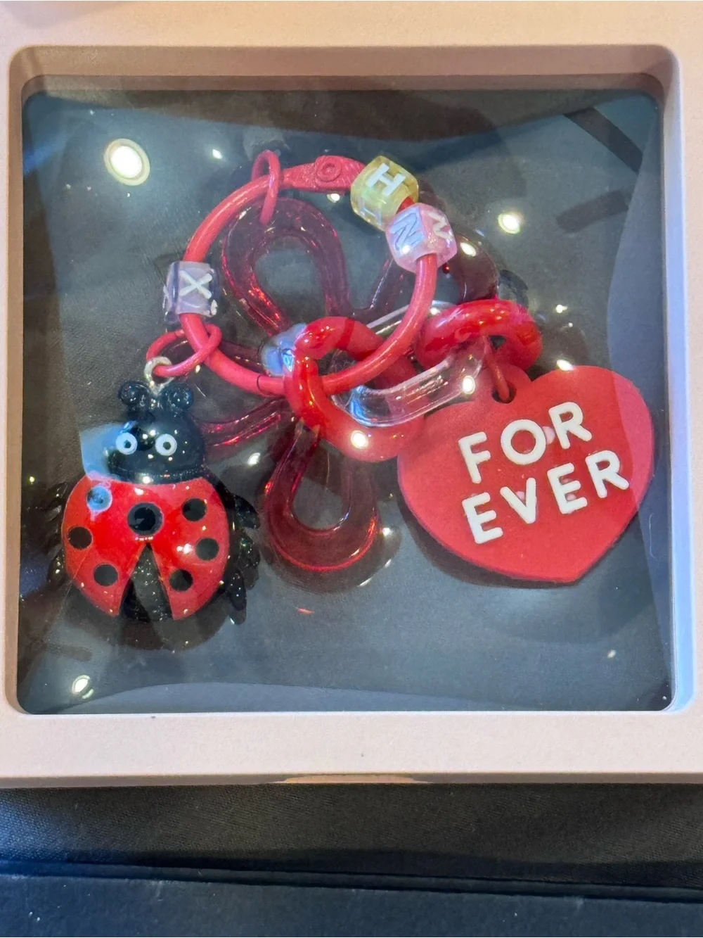 Red Ladybug Heart Charm Keychain for Kids - Playful Bag Accessory in Shadow Box